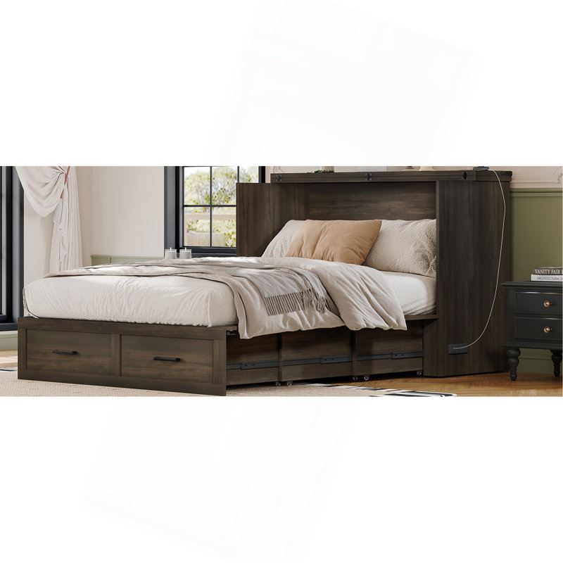 Versatile Foldable Cabinet Bed With Large Storage And Charging Feature, Gray, Full / Double