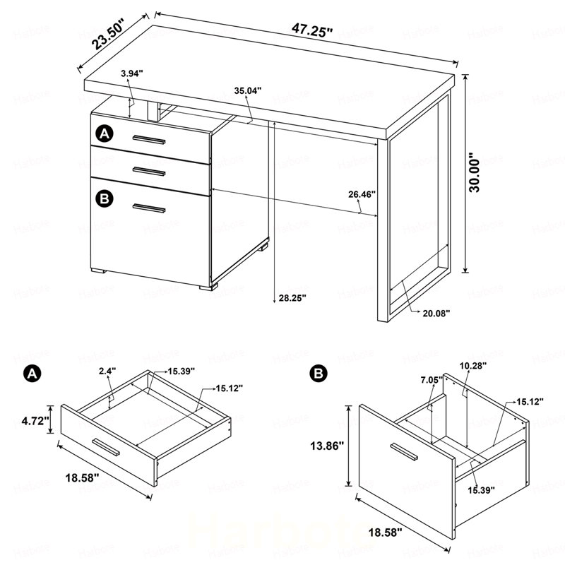 Bureau réversible à 3 tiroirs gris patiné, Gris