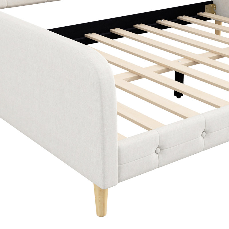 Grand lit de jour rembourré beige, 4 pieds de soutien, revêtement en lin et, sans sommier tapissier, en lin, fonctionnel pour la nuit, requis