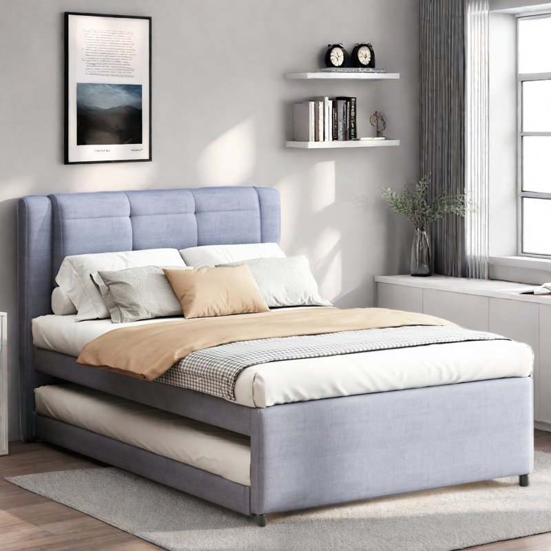 Upholstery Platform Bed With Multifunctional Trundle, Gray
