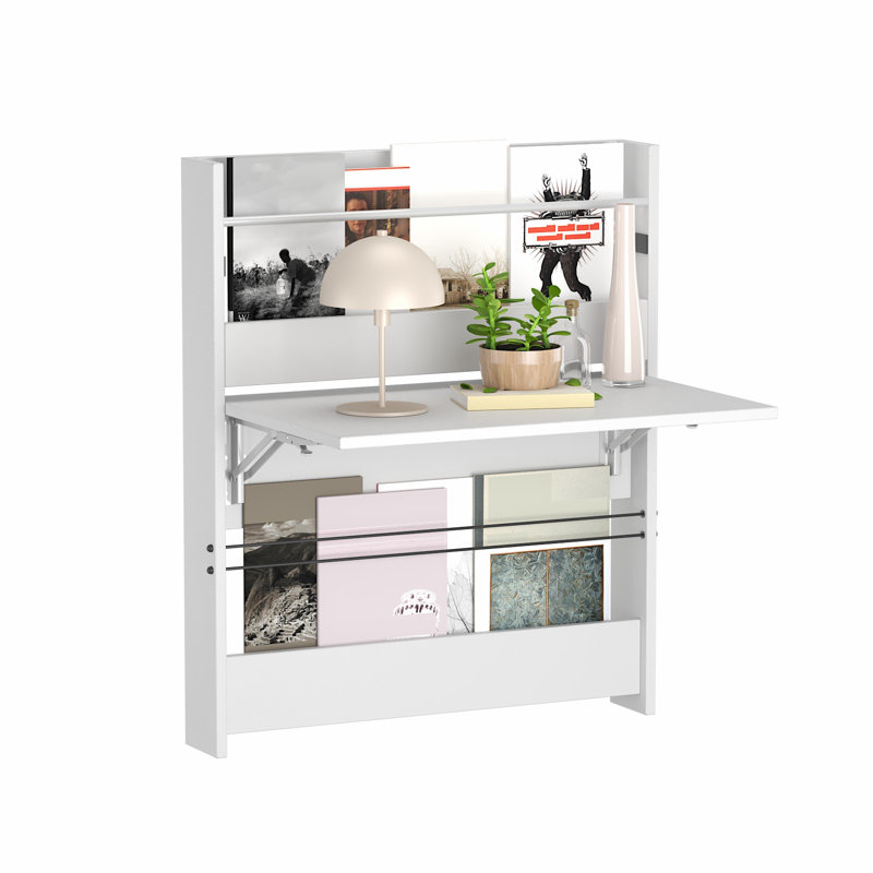 Wall-mounted Folding Table Multi-function Home Office Workstation with Storage Compartment Space Saving Suitable for Small Spaces White Hanging Laptop Table for Bedroom, Study