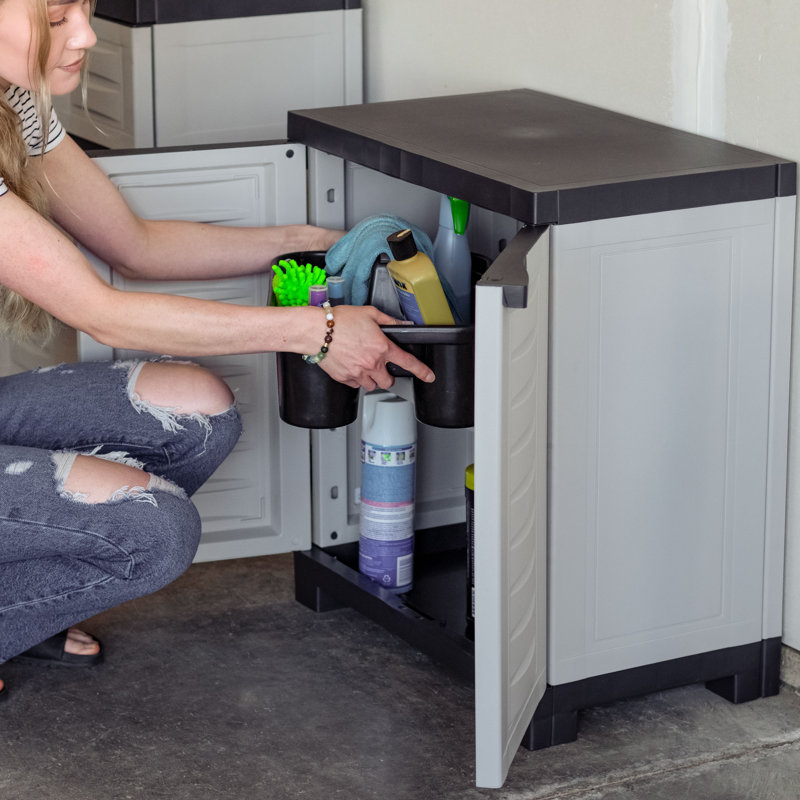 Adjustable 25.5" Plastic 1-Shelf Freestanding Garage Storage Cabinet, Gray/Charcoal Trim