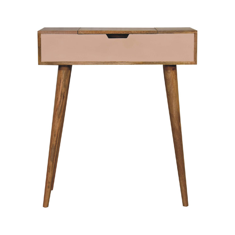 Solid Wood Mini Pink Dressing Table, 4 Compartments, Nordic Legs, Pink And Light Brown