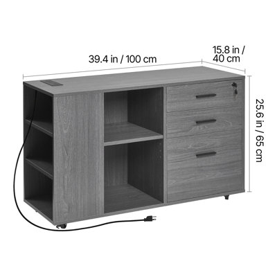 3 Drawer Wooden File Cabinet Mobile Filing Cabinet with Power Strip Gray by Inbox Zero