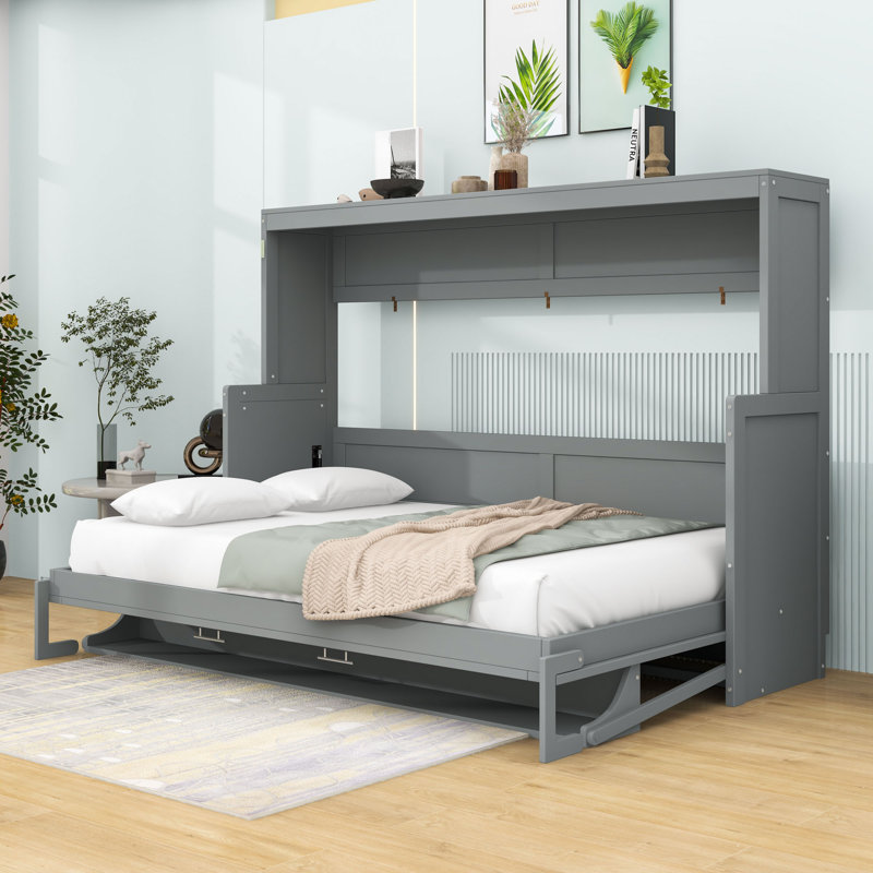 Wissem Wood Murphy Bed with Desk, Gray, Full
