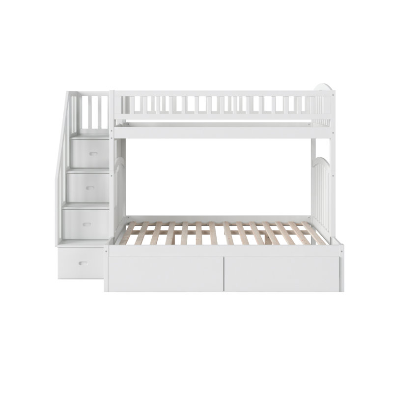 Lit superposé en bois massif avec escalier et tiroirs de rangement sous le lit Jaxson, Blanc, Simple sur double