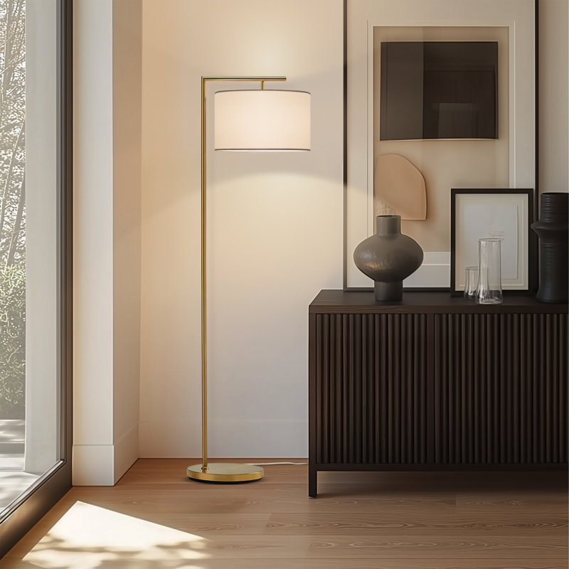 Montage Modern 60 in. Unique Standing Mid Century Modern Floor Lamp with Fabric Drum Shade - LED Bul, Gold, White