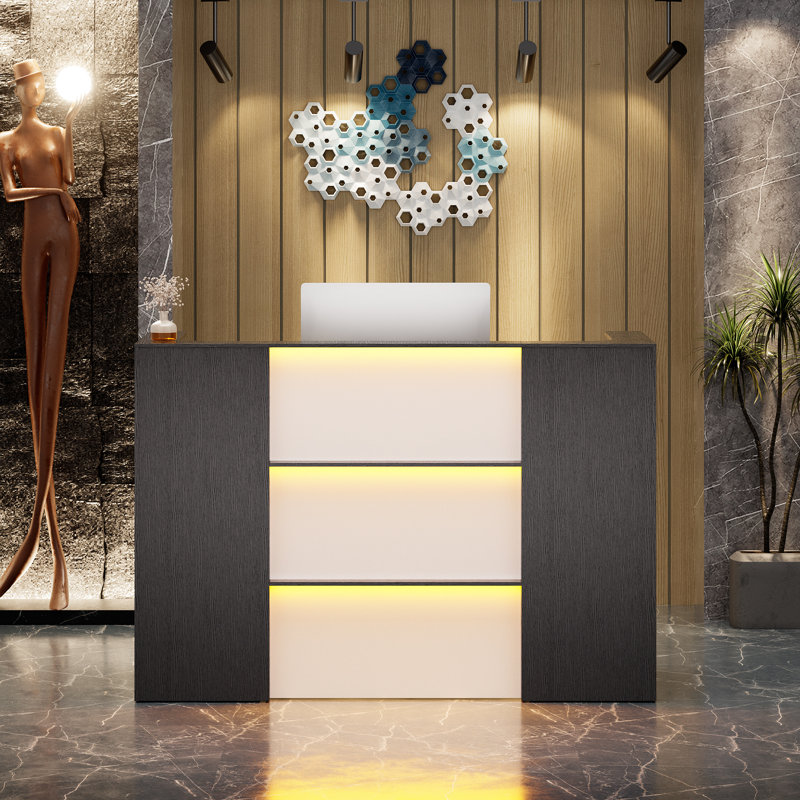 Modern Reception Desk With Led Lights, 63 Inches Front Counter Table With Lockable Drawer & Shelves