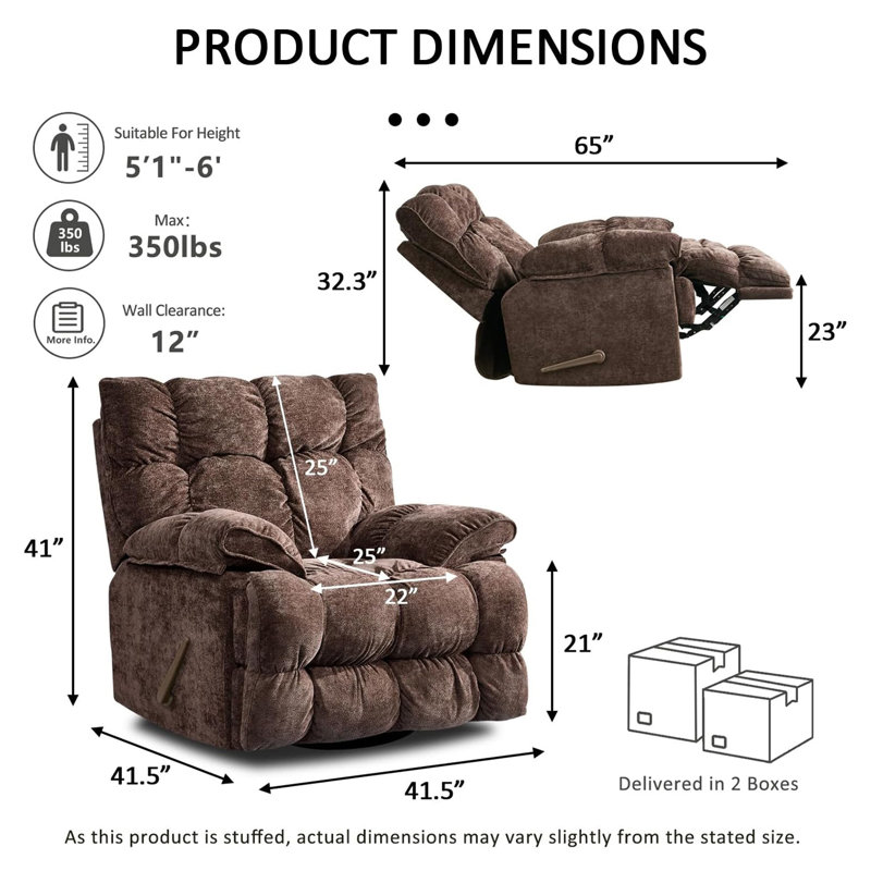 41.5" Wide Upholstered Manual Recliner, Oversized Swivel Rocker Recliner Chair, Brown
