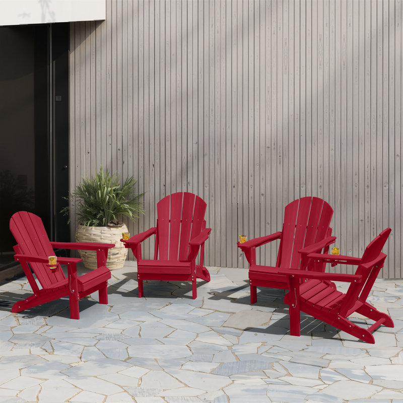 Besteiro Adirondack HDPE Foldable Chair Wood Texture With Cup Holder, Red