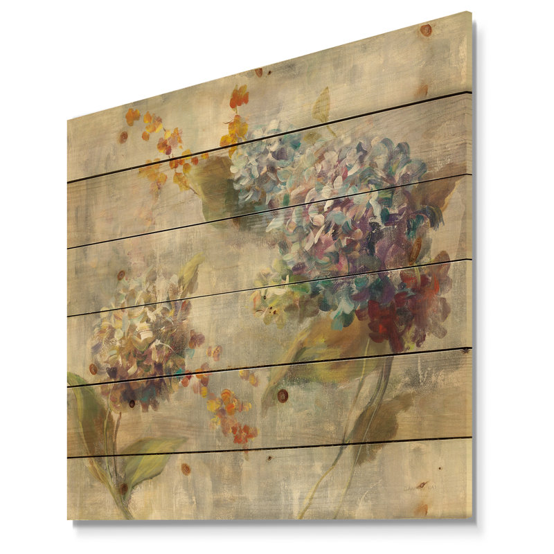 Hortensia d'automne - impression traditionnelle sur bois de pin naturel, H 30 po x l 30 po x P 1,5 po