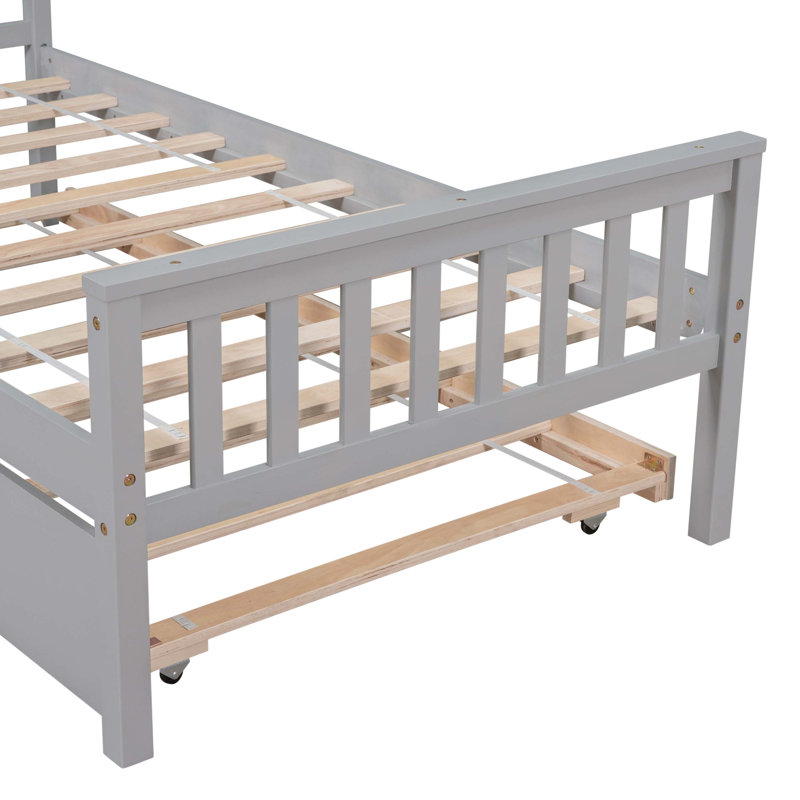 Twin Bed with Trundle, Platform Bed Frame with Headboard and Footboard, No Box Spring Needed,Grey
