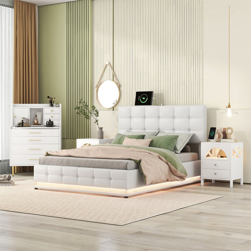 Ensemble de chambre avec grand lit plateforme tapissier 4 pièces Rihamna