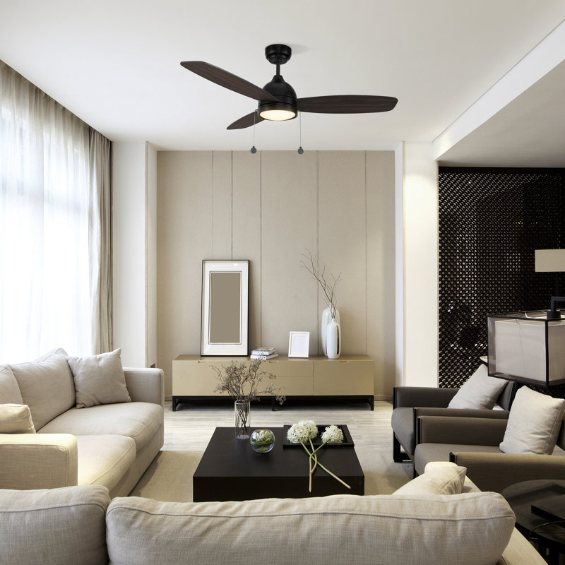 52" DC Motor Pull-chain 3 Reversible Blades Ceiling Fan with Light, Downrod