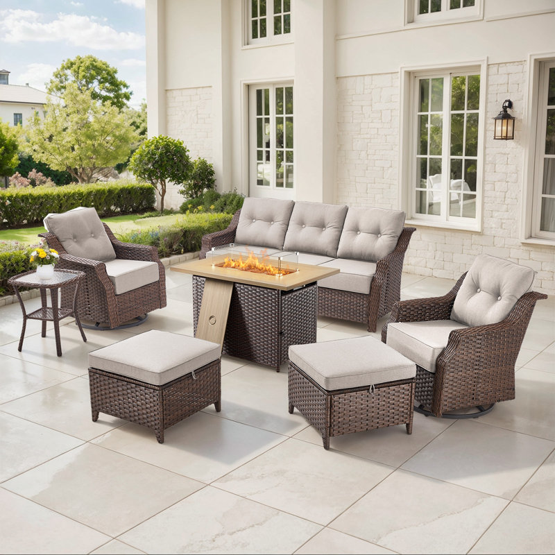 Sami 7-Piece Wicker Patio Furniture Set With Fire Pit Table, 6-Inch Thick Cushioned 360° Swivel Glider Chairs & Ottomans
