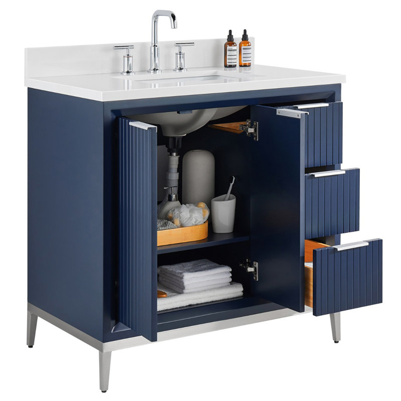 Bungalow 36" Freestanding Standard Single Bathroom Vanity with Top, Silver/Navy Blue