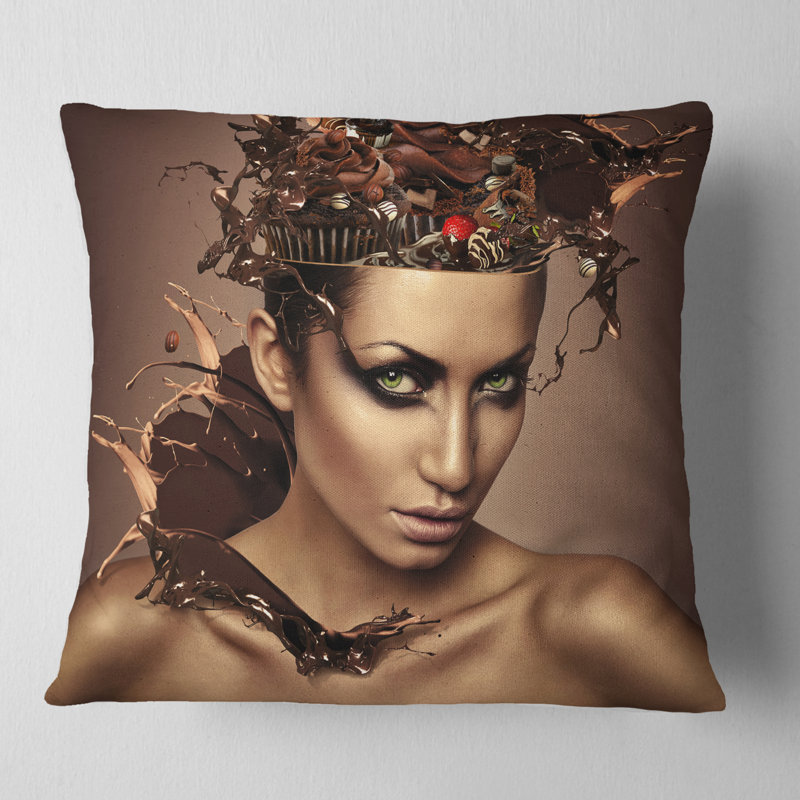 Femme avec un chocolat dans la tête - oreiller imprimé Portrait, 16 po x 1 po, Coussin décoratif