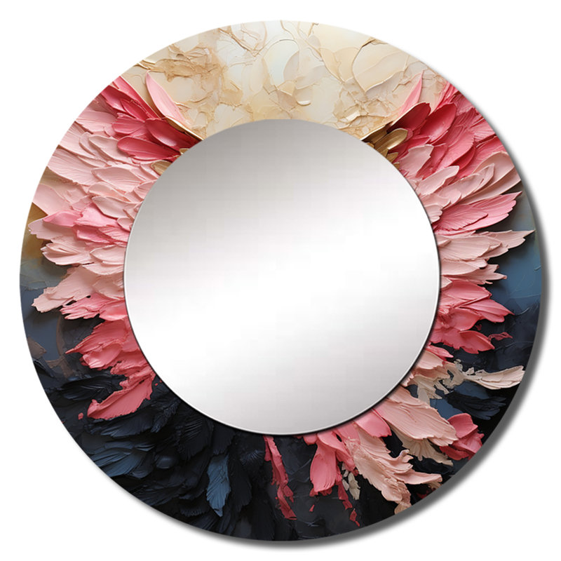 Ailes d'ange roses et dorées Rikio - miroir unique à spirales abstraites, grand miroir mural rond moderne, impression d'art en métal