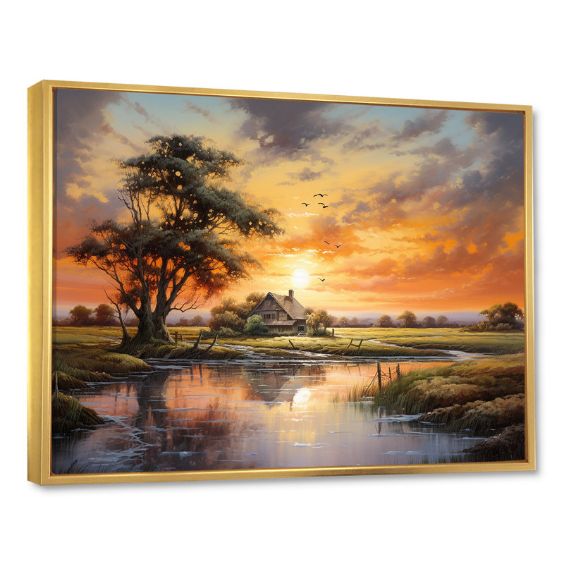 «Sunrise Autumn Country Panorama II», reproduction sur toile, Cadre flottant doré, H 16 po x l 32 po