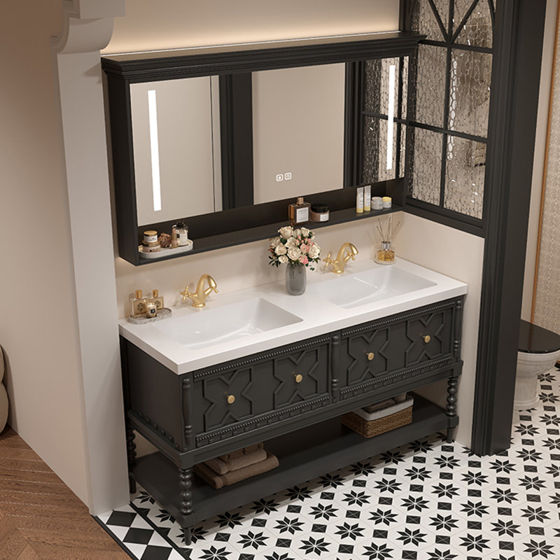 Armoire de salle de bain rétro de style français., Noir, H 32,28 po x l 55,12 po x P 21,65 po