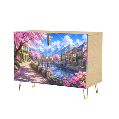 Buffet/meuble console moderne avec 2 portes de rangement dissimulées, style moderne et pittoresque, évoquant un village printanier et des cerisiers en fleurs. Meuble de rangement autoportant peu encombrant, idéal pour le salon, la cuisine, l'entrée ou le coin café. Parfait pour le salon, la cuisine, l'entrée ou le coin café.