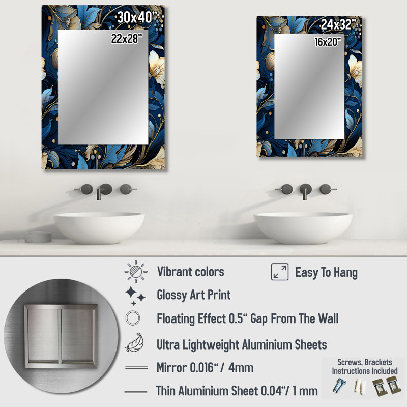 Motif victorien cobalt bleu nouveau vignes - miroir mural floral, chalet, miroir décoratif traditionnel, impression d'art en métal