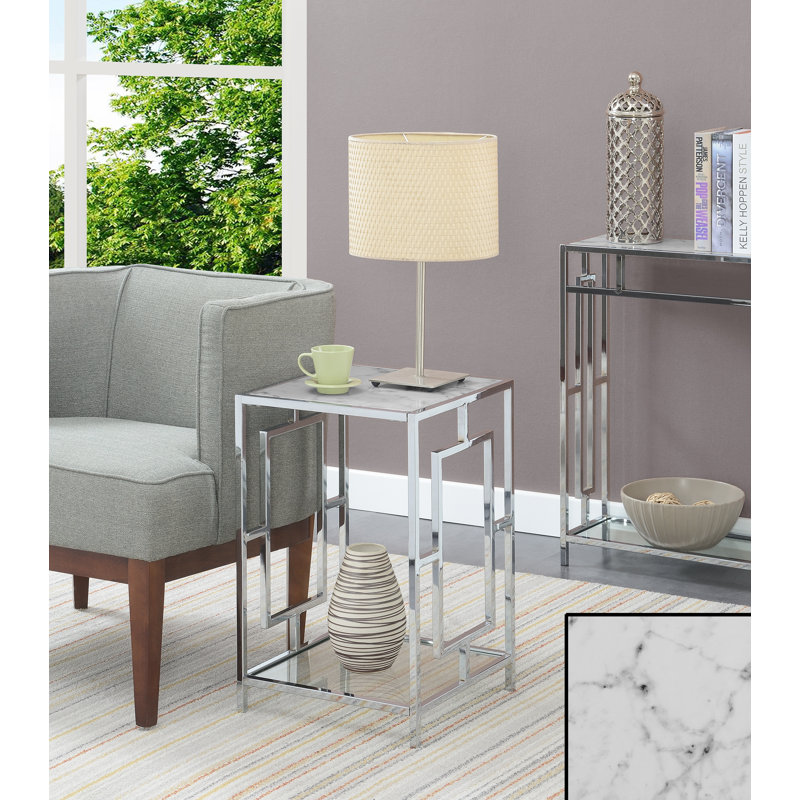 Sapienza Metal Frames End Table with Shelves, White Faux Marble/Chrome