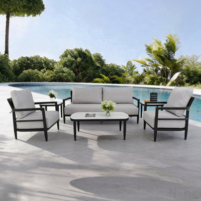 6pc Outdoor Conversation Set With Modern Fully Weld Club Chairs, Luxurious Bench Seat Sofa, Marble-Inspired Sintered Stone Coffee Table & Side Table, Rust-Free Aluminum Frame & Sunbrella Cushions