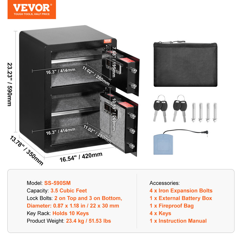 Black Alloy Steel Double Door Safe Box with Key Lock and Password