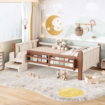 Lit simple au sol avec bibliothèques de rangement, lit en bois massif pour enfants avec de jolis escaliers et garde-corps, aucun sommier nécessaire