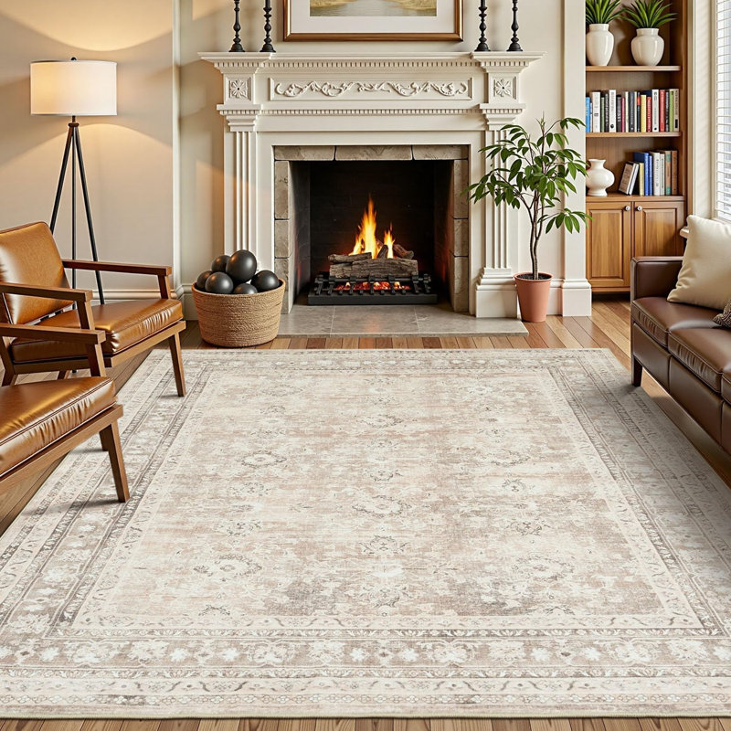 5'X7' ft Vintage Machine Washable Distressed Boho Floral Accent Area Rugs Beige, Rectangle 5' x 7'