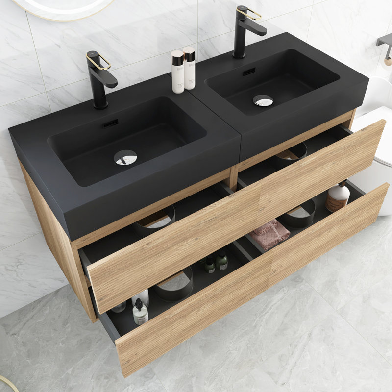 Meuble-lavabo double 48 po avec lavabo en quartz noir, Noir, 48", Brun