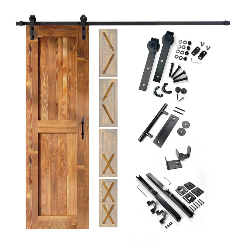 5-in-1 Design 80" Colour Solid Pine Unassembled Door with Black Rustic Installation Hardware Kit, Early American, 30" x 80"