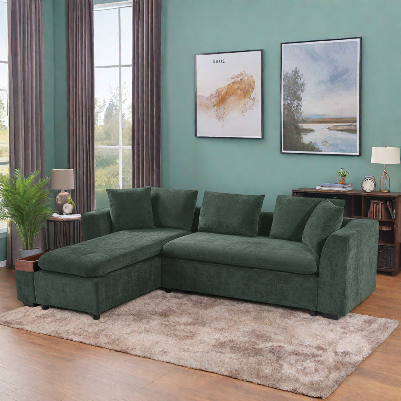 Trace L-Shaped Chenille Sectional Sofa with Storage & Pillows, Green Chenille
