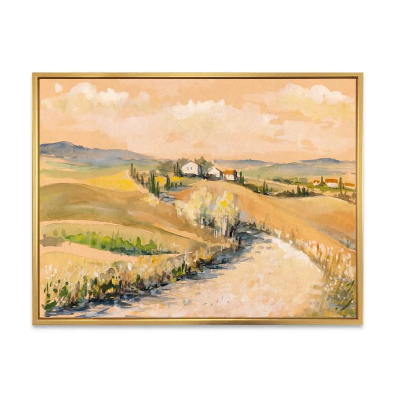 Campagne en Toscane, Italie - reproduction sur toile, H 34 po x l 44 po x P 1,5 po, Cadre flottant doré