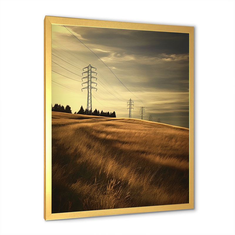 Lignes électriques, minimalisme, coucher de soleil, Encadrement doré, H 20 po x l 12 po x P 1 po