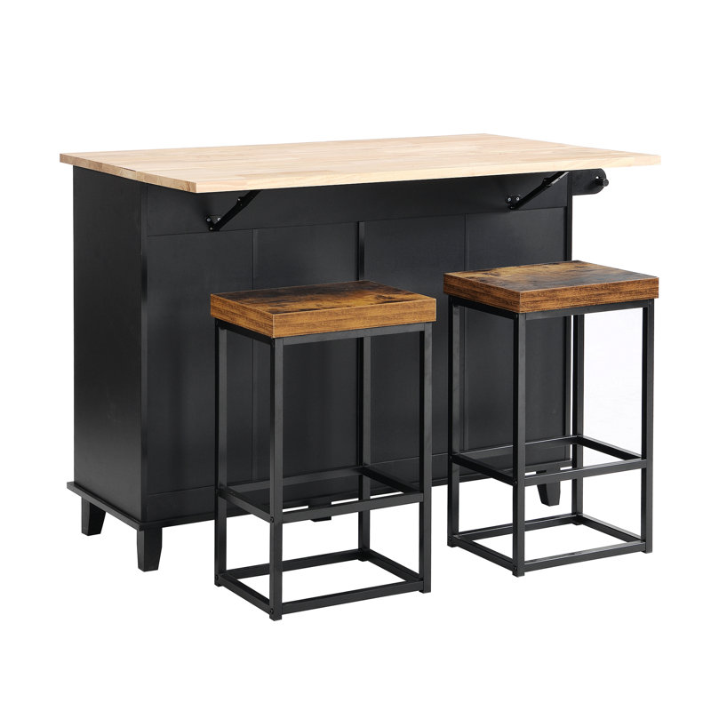 Farmhouse Kitchen Island Set with Drop Leaf and 2 Seatings,Dining Table Set with Storage Cabinet, Drawers and Towel Rack