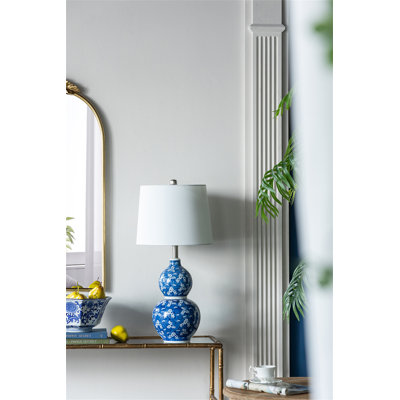 D13x25.7" Blue And White Round Two-Tiered Ceramic Vase Lamp