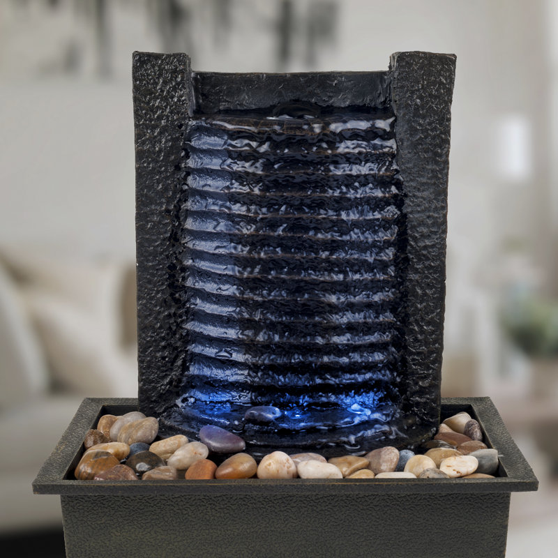 Indoor Fountain with LED Lights – Lighted Tabletop Water Feature with Stone Wall and Soothing Sound