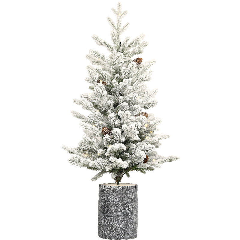 Arbre de Noël floqué avec base en pot, lumières à DEL blanc chaud, pointes, branches Pe + Pvc avec pommes de pin - petit arbre de vacances pré-éclairé pour la table, entrée