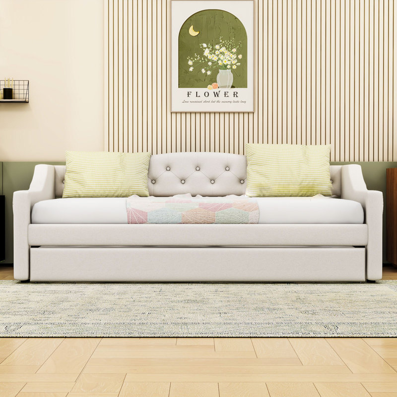 Twin XL Upholstered Daybed with LED Belt and Twin XL Trundle, Beige