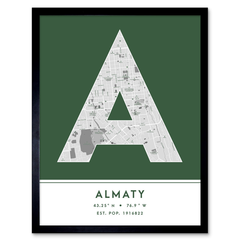 Almaty City Map Almaty Green by Wee Blue Coo - Single Picture Frame Typography