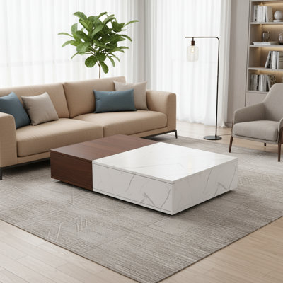 Table basse de style moderne (style noyer), comprenant deux espaces de rangement, une esthétique équilibrée et un rangement quotidien