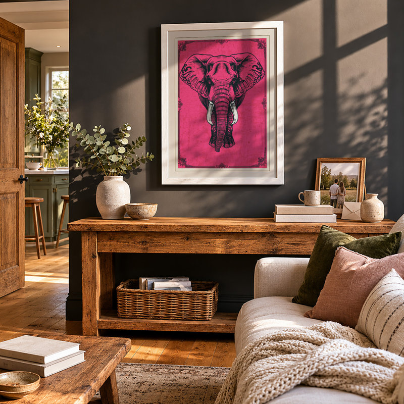 Elephant Heraldic Art Deco - Framed Print, A4 - 29.7 x 21.0 cm, White