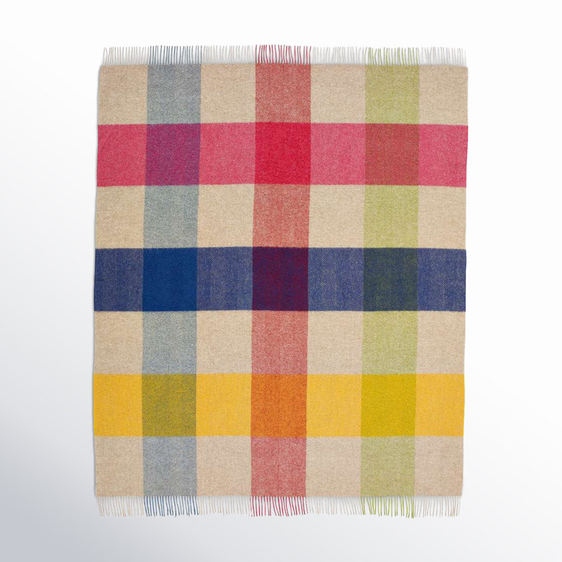 Shetland Wool Throw/Blankets Hand Woven Blanket, Blue/Green/Red/Yellow/Ivory Geometric