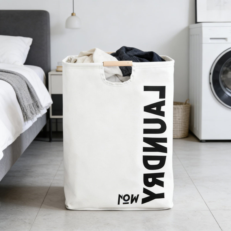 Panier à linge pliable avec poignées en bois - Panier de rangement en lin de coton grande capacité pour les vêtements, les jouets et l'organisation de la salle de bain