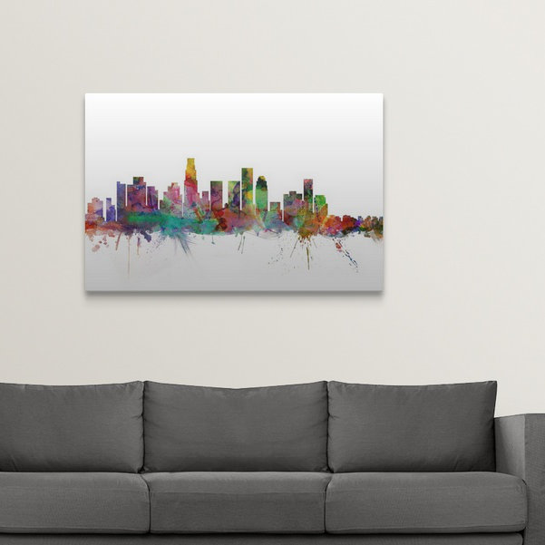 «Francy Los Angeles California Skyline» par Michael Tompsett, impression, Cadre noir, H 20 po x l 26 po x P 1 po