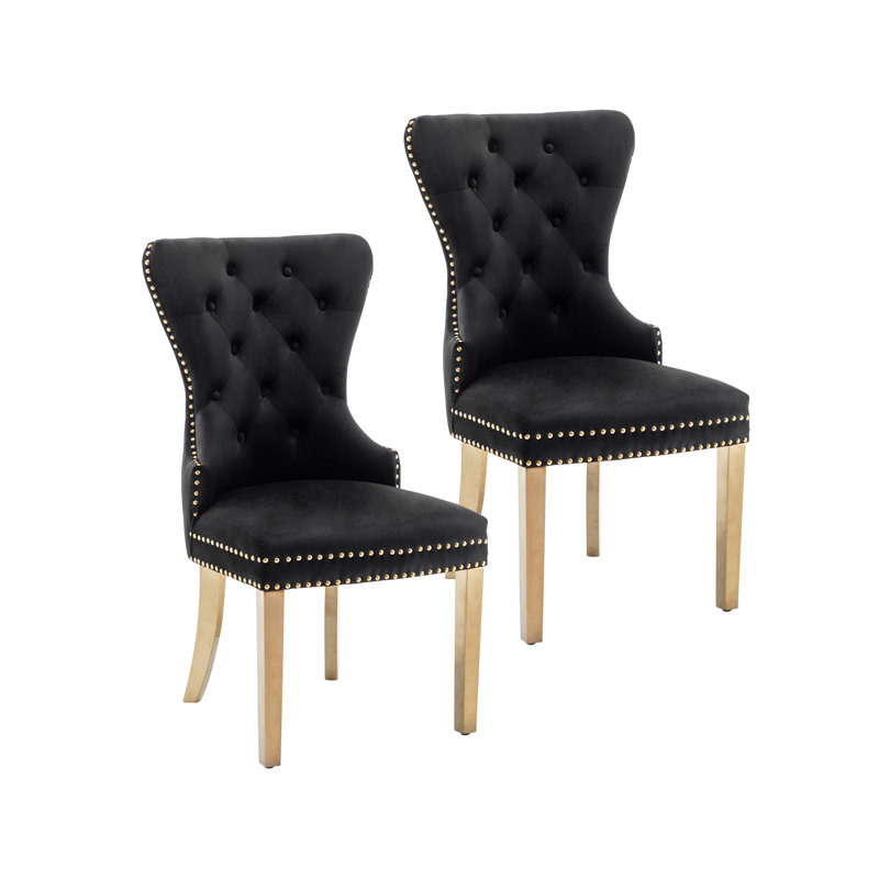 Gislene Tufted Velvet Dining Chair with Rubberwood Legs, Black Velvet, Gold