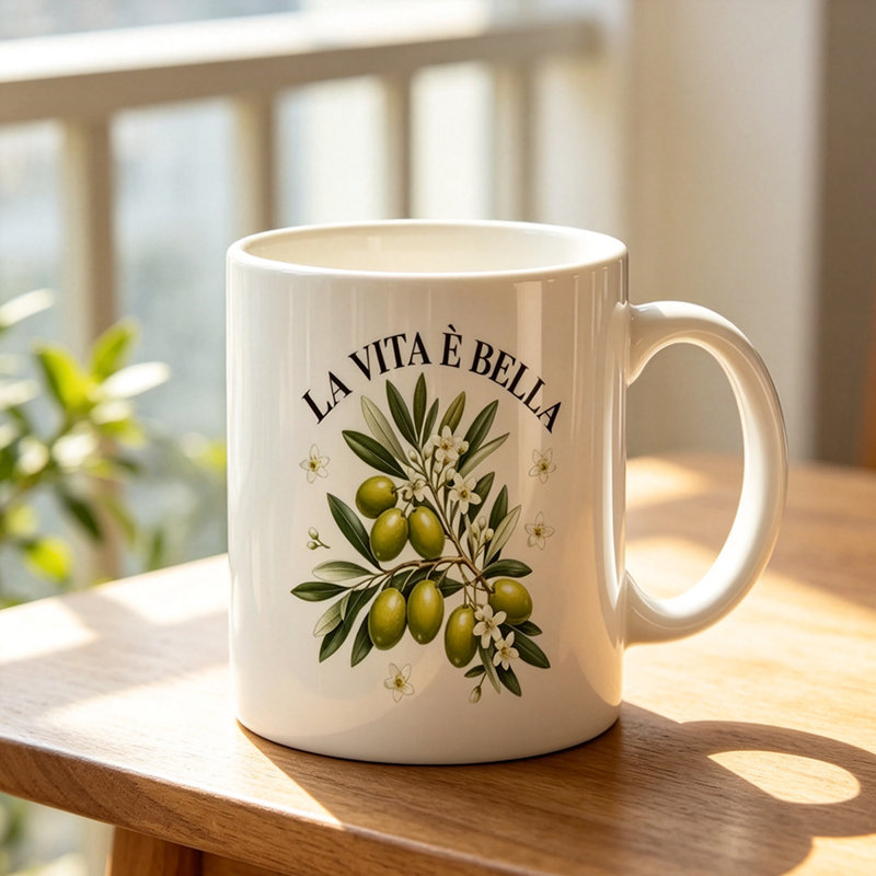 1pc Novel Olive Branch Fruit Flower Plant Natural Fresh Pattern Mug, Coffee Cup, Juice Cup, Fun Gift.