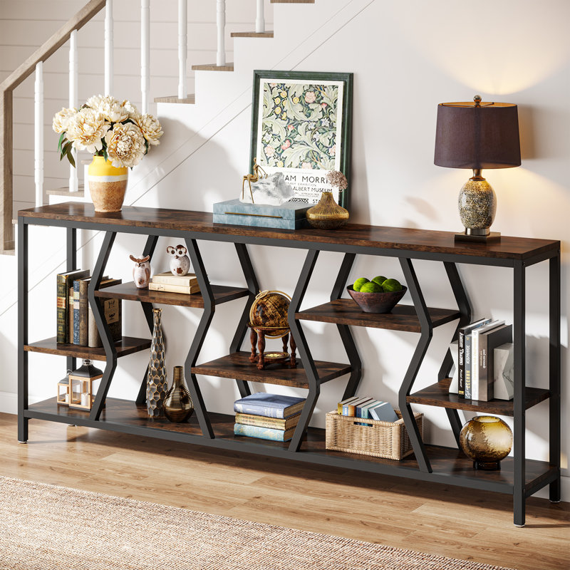 70.9" Extra Long Sofa Table, Rustic Console Table with 4 Tier Storage Shelves For Living Room